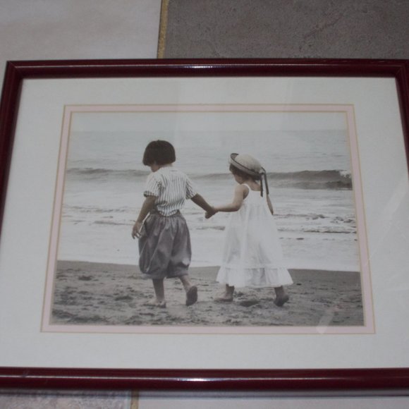 EUC, Girl & Boy walking at beach matted & framed - Picture 2 of 4